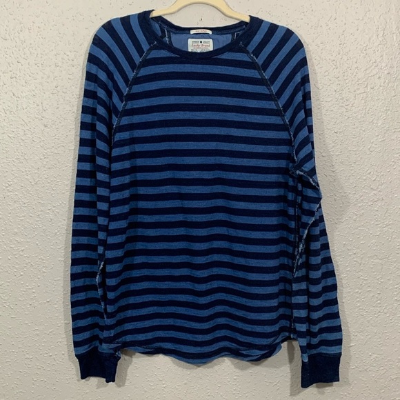 Lucky Brand True Indigo Thermal Waffle Knit Blue Stripe Pull-Over size L - Picture 1 of 5